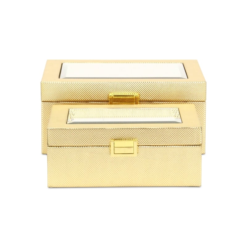 Pemberly Row Vinyl Woven Pattern Mirrored Box Set of 2 in Gold