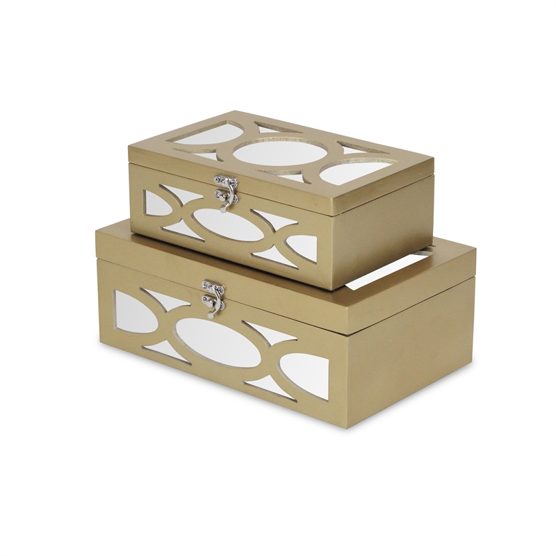 Pemberly Row Contemporary Set of 2 Overlayed Mirror Gold Keepsake Boxes