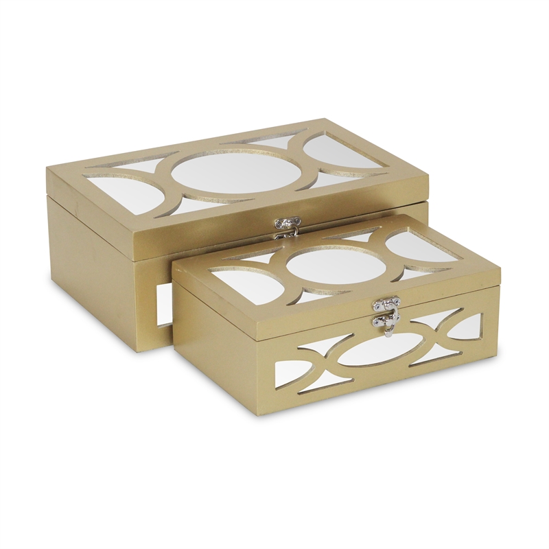 Pemberly Row Contemporary Set of 2 Overlayed Mirror Gold Keepsake Boxes