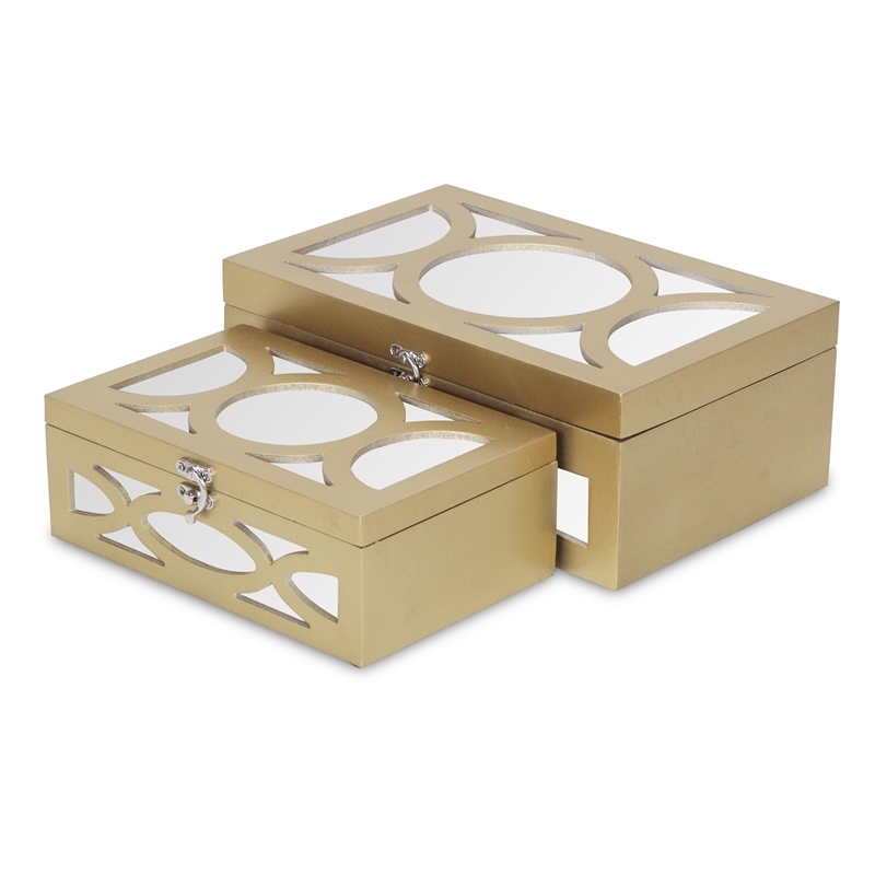 Pemberly Row Contemporary Set of 2 Overlayed Mirror Gold Keepsake Boxes