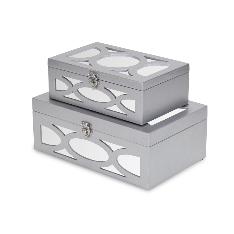 Pemberly Row Set of 2 Overlayed Mirror Silver Keepsake Boxes