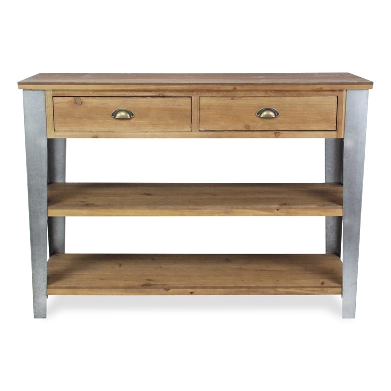 Pemberly Row Farmhouse Themed Wood and Galvanized Metal Console Table