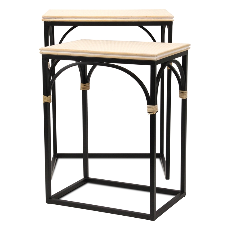 Pemberly Row Set of 2 Rattan Accented Wood and Metal Rectangle Side Tables