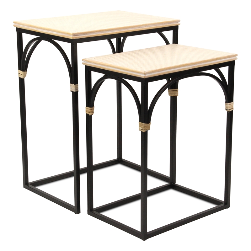 Pemberly Row Set of 2 Rattan Accented Wood and Metal Rectangle Side Tables