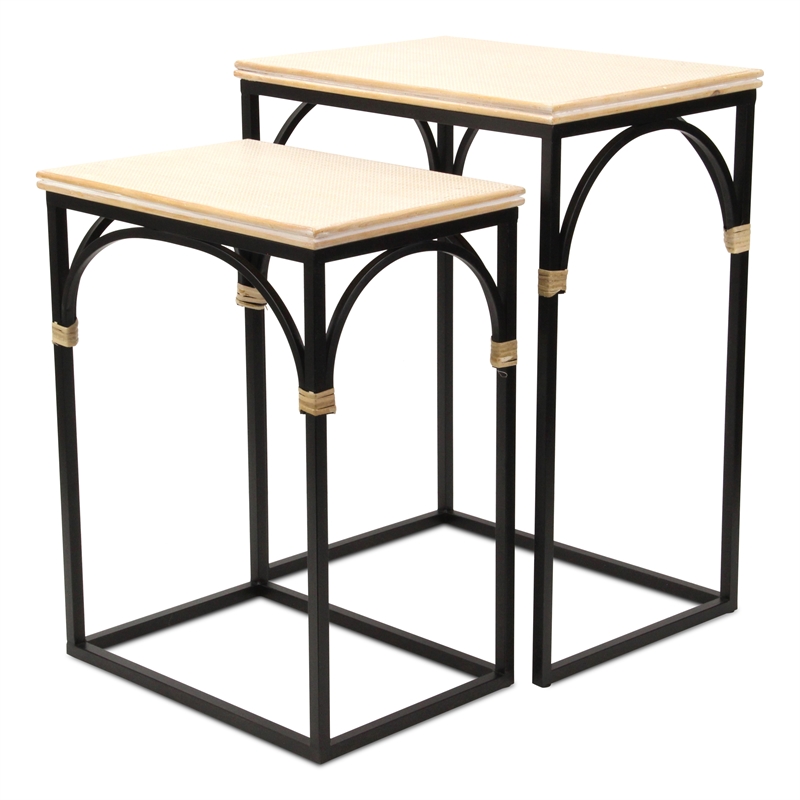 Pemberly Row Set of 2 Rattan Accented Wood and Metal Rectangle Side Tables