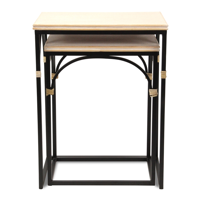 Pemberly Row Set of 2 Rattan Accented Wood and Metal Rectangle Side Tables