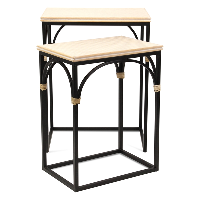 Pemberly Row Set of 2 Rattan Accented Wood and Metal Rectangle Side Tables