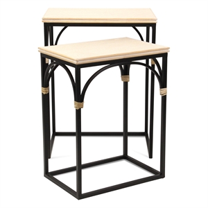 Pemberly Row Set of 2 Rattan Accented Wood and Metal Rectangle Side Tables