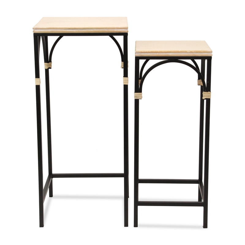 Pemberly Row Set of 2 Rattan Accented Wood and Metal Square Side Tables