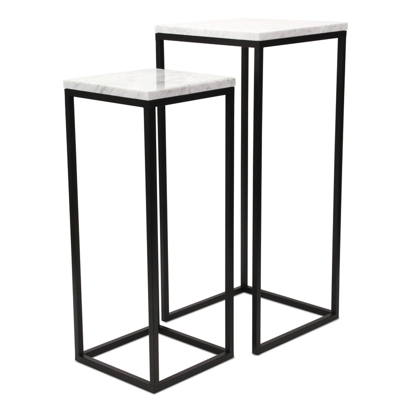 Pemberly Row Contemporary Set of 2 White Marble Square Side Tables
