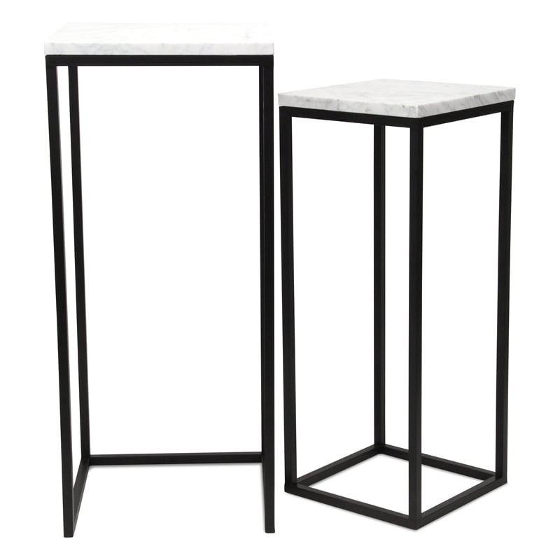 Pemberly Row Contemporary Set of 2 White Marble Square Side Tables