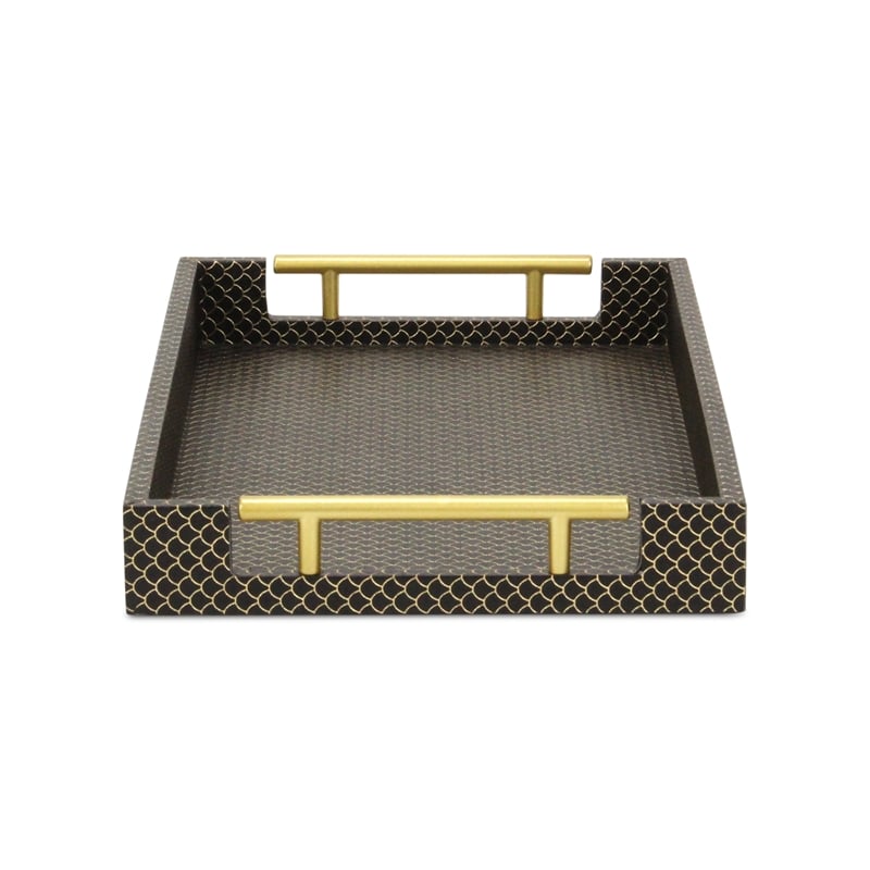 Pemberly Row Fish Scale Pattern Tray with Gold Handles in Black