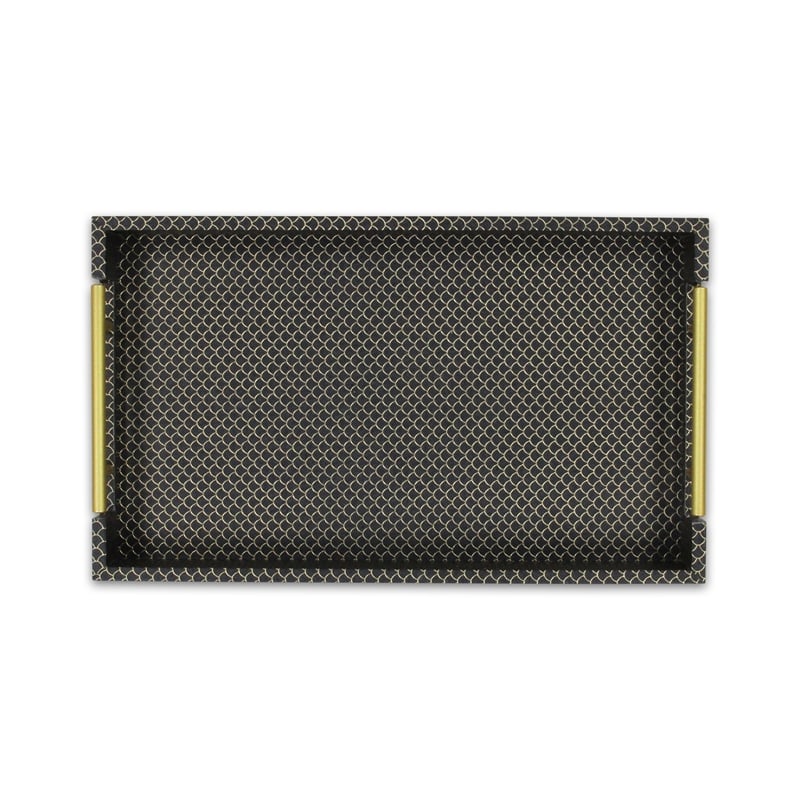 Pemberly Row Fish Scale Pattern Tray with Gold Handles in Black