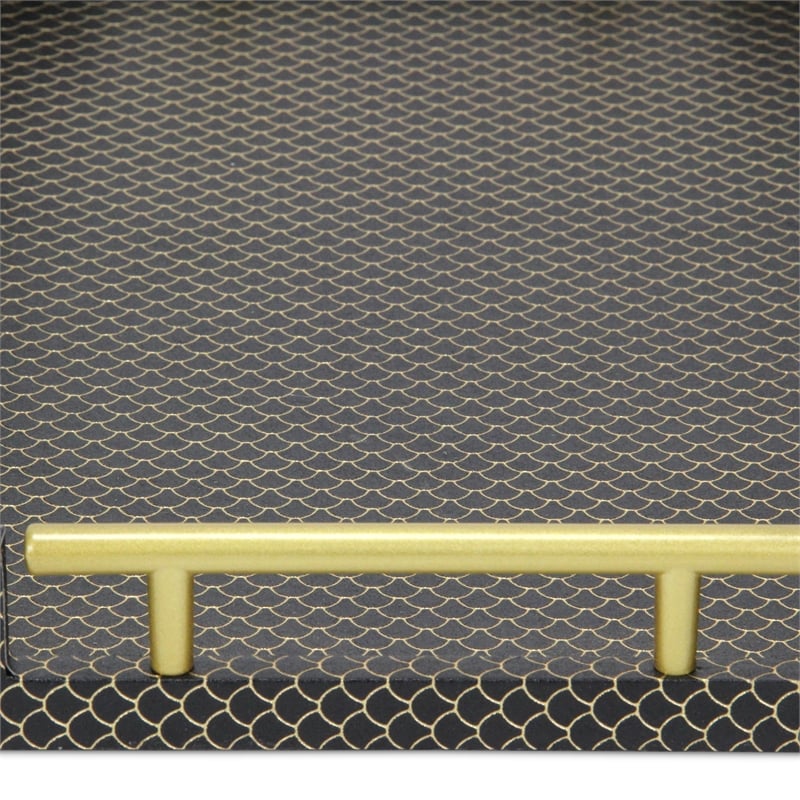 Pemberly Row Fish Scale Pattern Tray with Gold Handles in Black