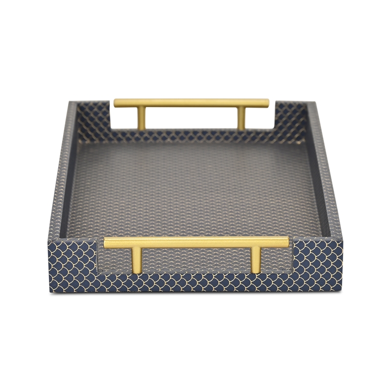 Pemberly Row Fish Scale Pattern Tray with Gold Handles in Navy Blue