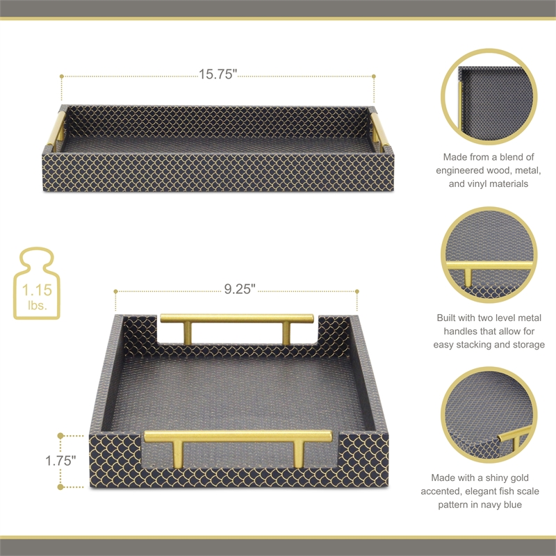 Pemberly Row Fish Scale Pattern Tray with Gold Handles in Navy Blue