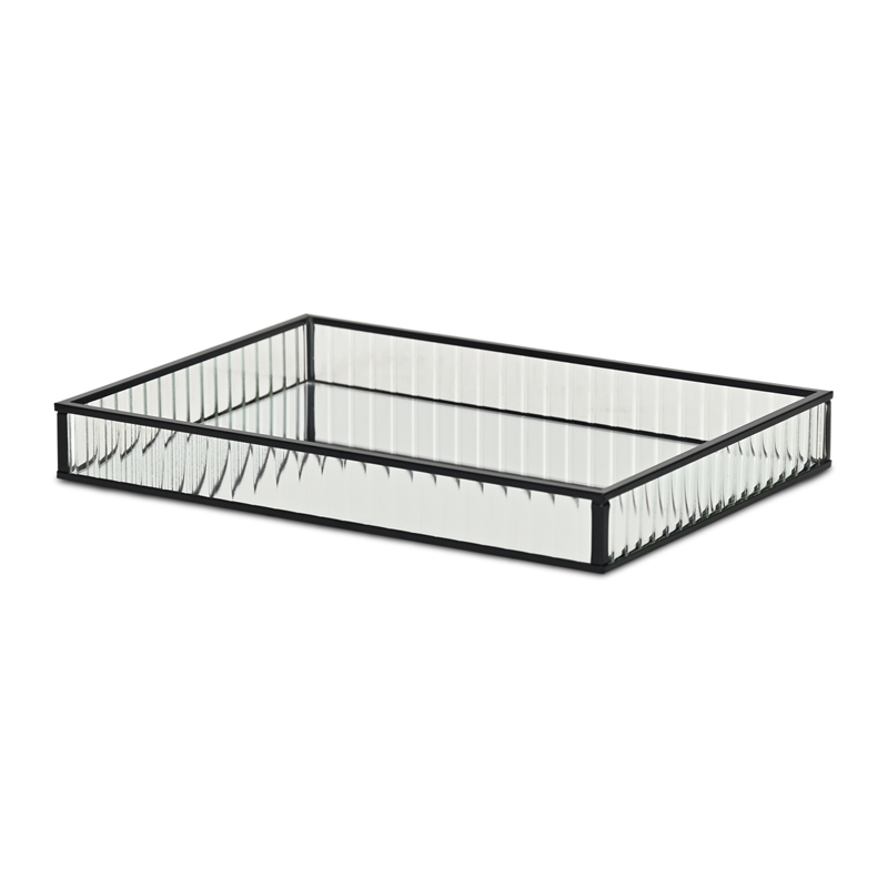 Pemberly Row Black Rectangular Fluted Glass Tray with Metal Base