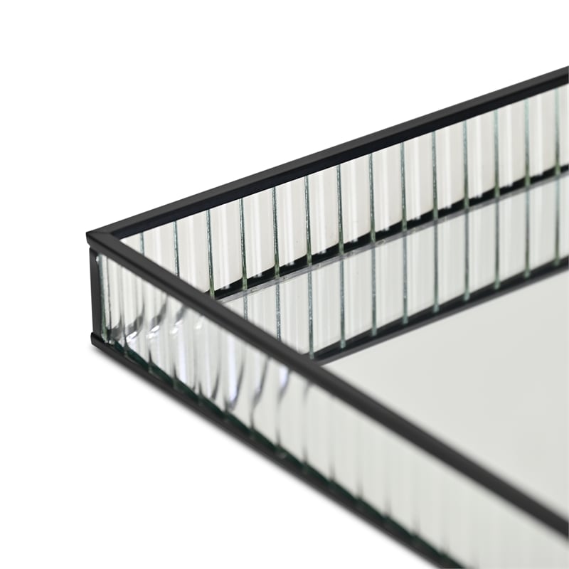 Pemberly Row Black Rectangular Fluted Glass Tray with Metal Base