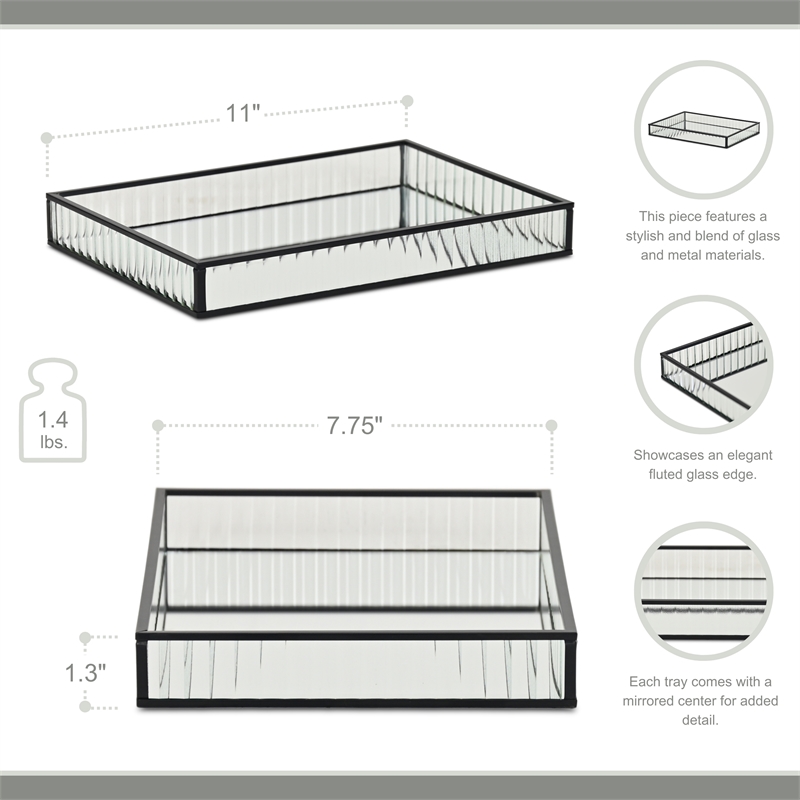 Pemberly Row Black Rectangular Fluted Glass Tray with Metal Base