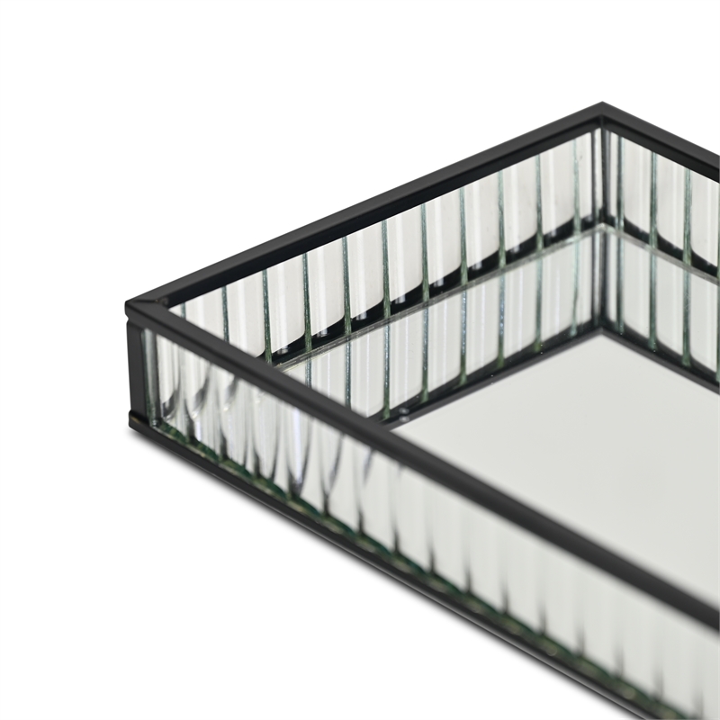 Pemberly Row Black Rectangular Fluted Glass Tray with Metal Base