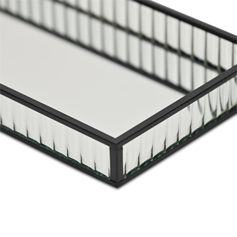 Pemberly Row Black Rectangular Fluted Glass Tray with Metal Base