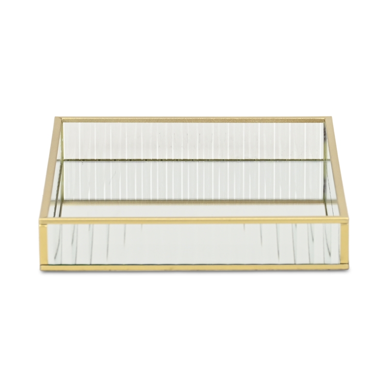 Pemberly Row Gold Rectangular Fluted Glass Tray with Metal Base