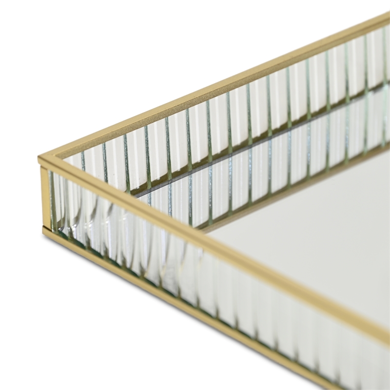 Pemberly Row Gold Rectangular Fluted Glass Tray with Metal Base
