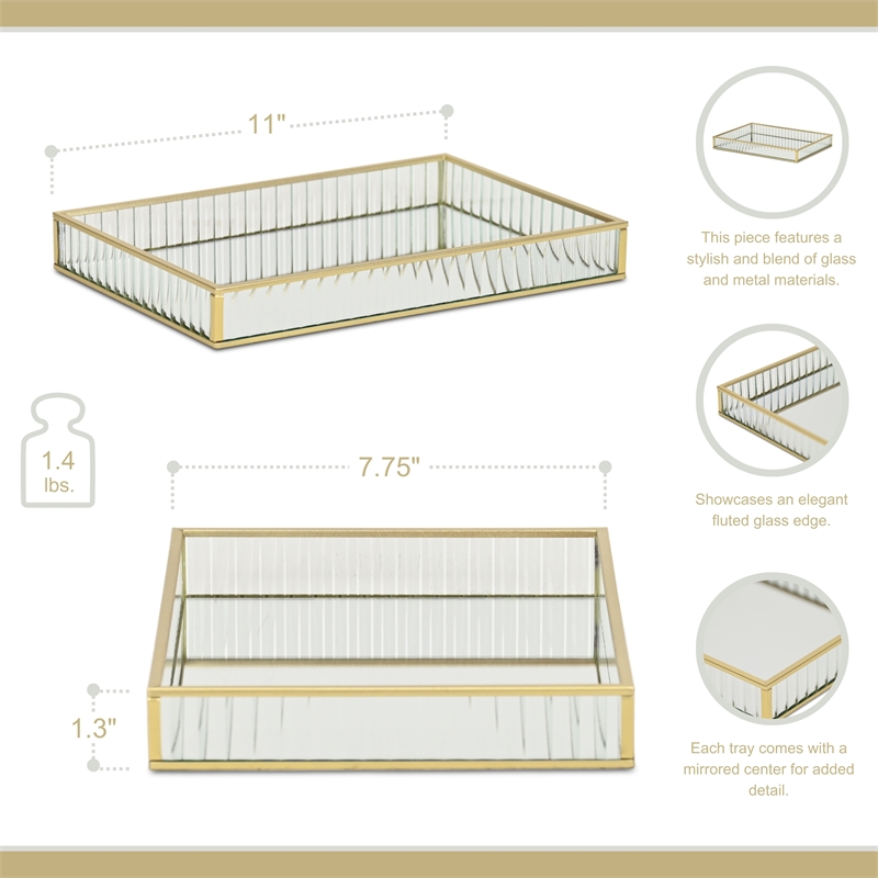 Pemberly Row Gold Rectangular Fluted Glass Tray with Metal Base