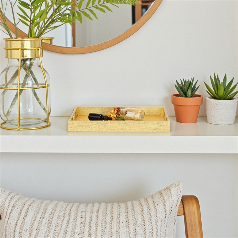 Pemberly Row Faux Snakeskin Vinyl Tray in Gold with Metal Handles