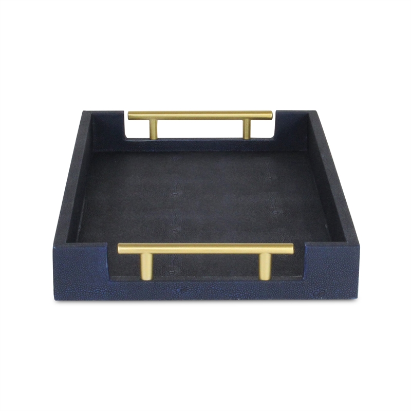 Pemberly Row Faux Shagreen Vinyl Tray in Navy Blue with Metal Handles