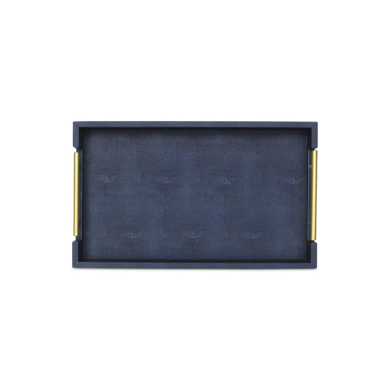 Pemberly Row Faux Shagreen Vinyl Tray in Navy Blue with Metal Handles