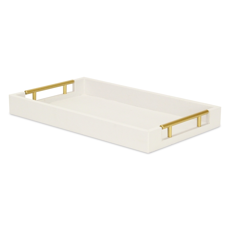 Pemberly Row Faux Snakeskin Vinyl Tray in White with Metal Handles