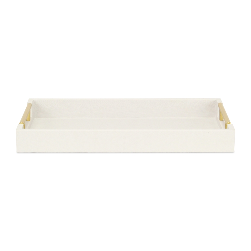 Pemberly Row Faux Snakeskin Vinyl Tray in White with Metal Handles