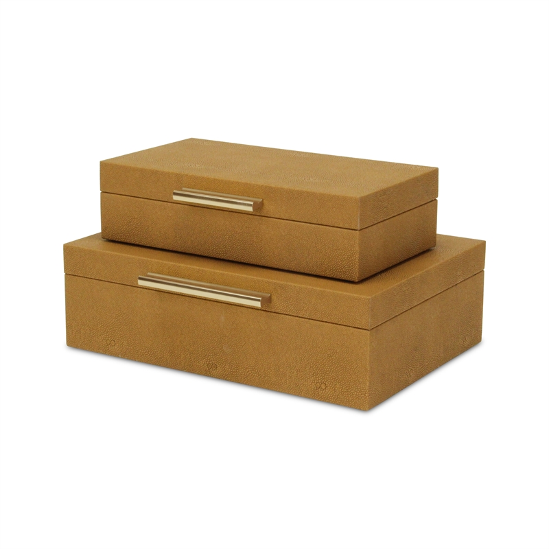 Pemberly Row Set of 2 Rectangular Box Set in Camel Brown Faux Shagreen