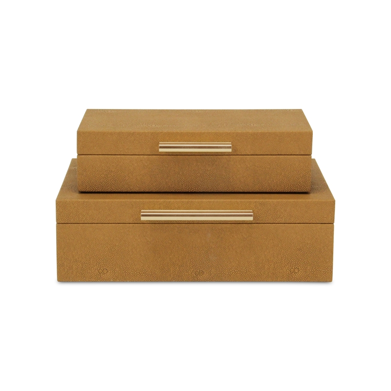 Pemberly Row Set of 2 Rectangular Box Set in Camel Brown Faux Shagreen
