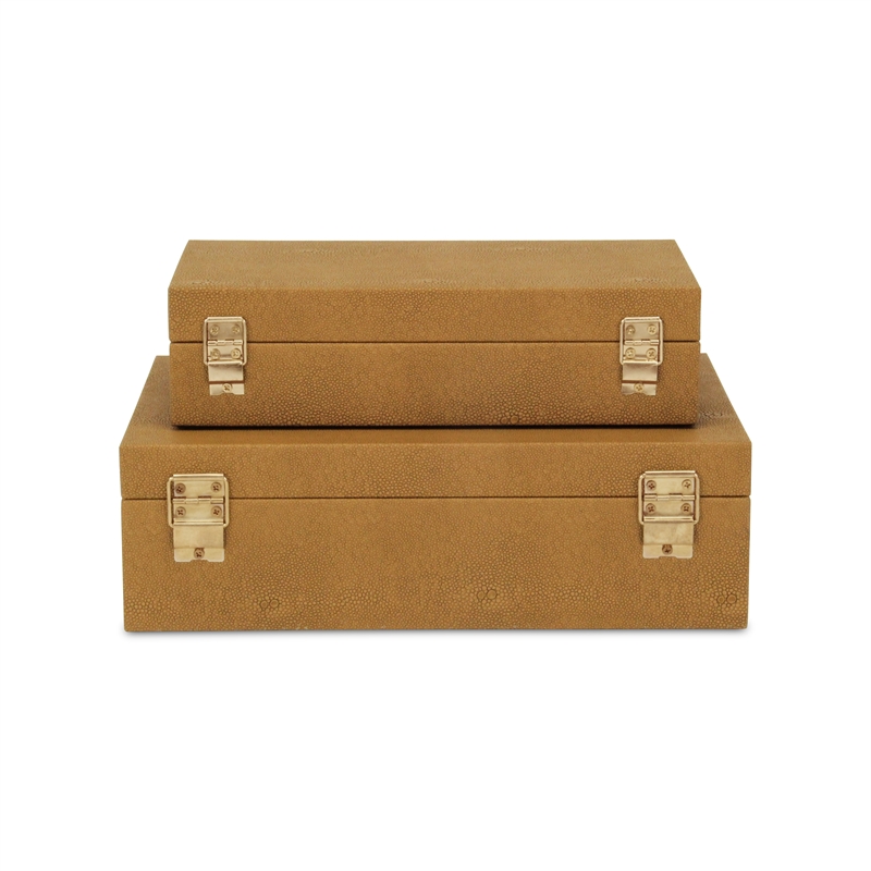Pemberly Row Set of 2 Rectangular Box Set in Camel Brown Faux Shagreen