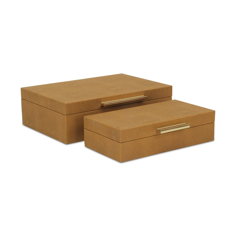 Pemberly Row Set of 2 Rectangular Box Set in Camel Brown Faux Shagreen