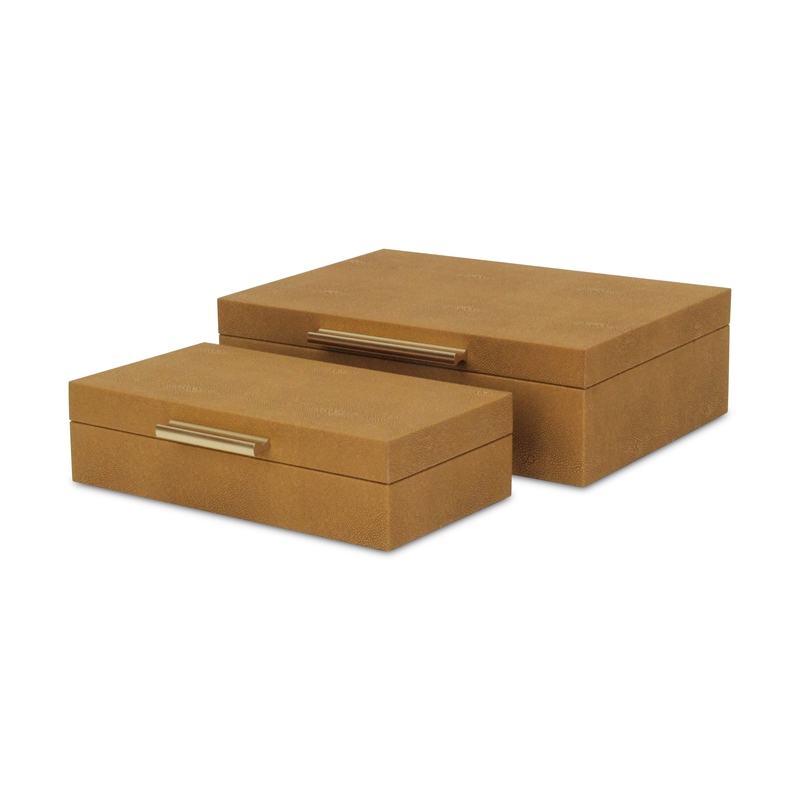 Pemberly Row Set of 2 Rectangular Box Set in Camel Brown Faux Shagreen