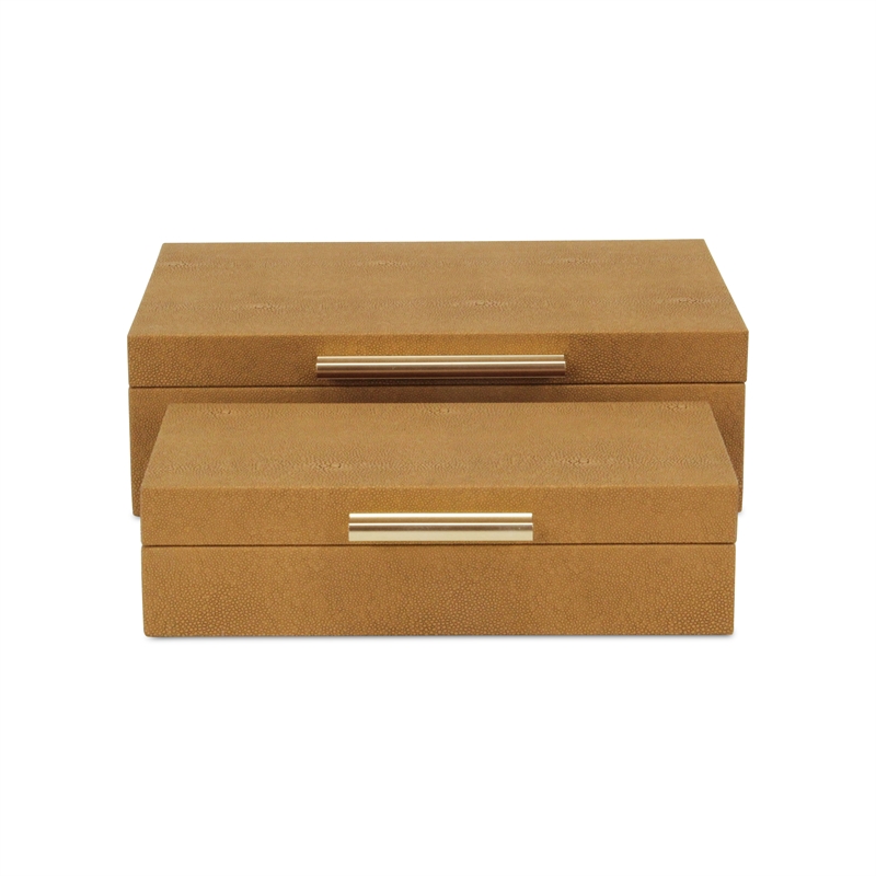Pemberly Row Set of 2 Rectangular Box Set in Camel Brown Faux Shagreen