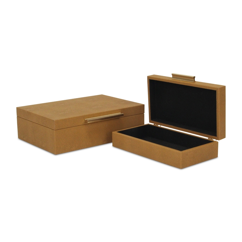 Pemberly Row Set of 2 Rectangular Box Set in Camel Brown Faux Shagreen