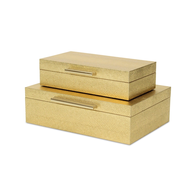 Pemberly Row Set of 2 Rectangular Box Set in Gold Faux Snakeskin