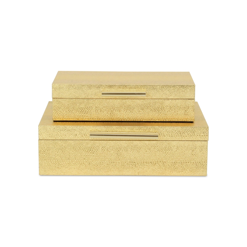 Pemberly Row Set of 2 Rectangular Box Set in Gold Faux Snakeskin