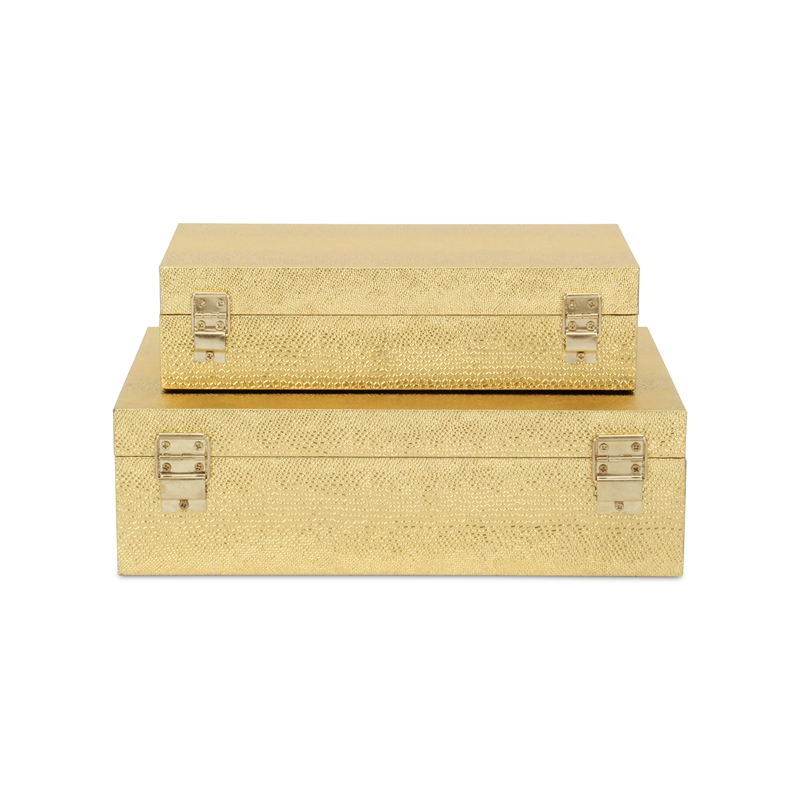 Pemberly Row Set of 2 Rectangular Box Set in Gold Faux Snakeskin