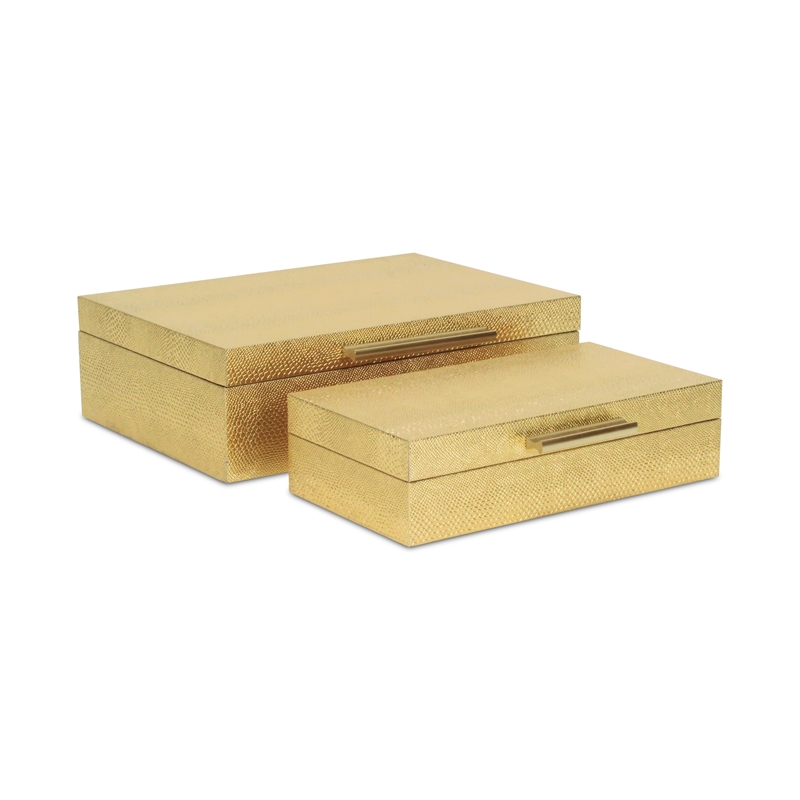 Pemberly Row Set of 2 Rectangular Box Set in Gold Faux Snakeskin