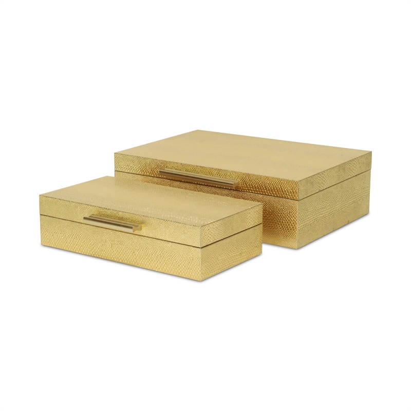 Pemberly Row Set of 2 Rectangular Box Set in Gold Faux Snakeskin