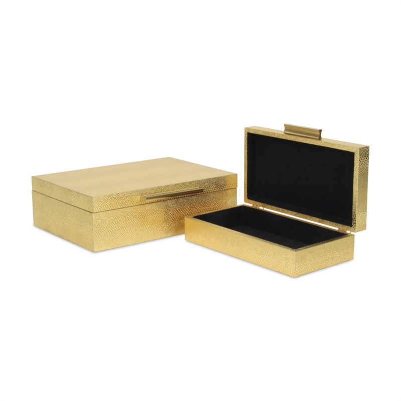 Pemberly Row Set of 2 Rectangular Box Set in Gold Faux Snakeskin