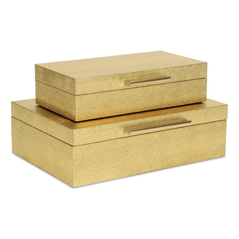 Pemberly Row Set of 2 Rectangular Box Set in Gold Faux Snakeskin