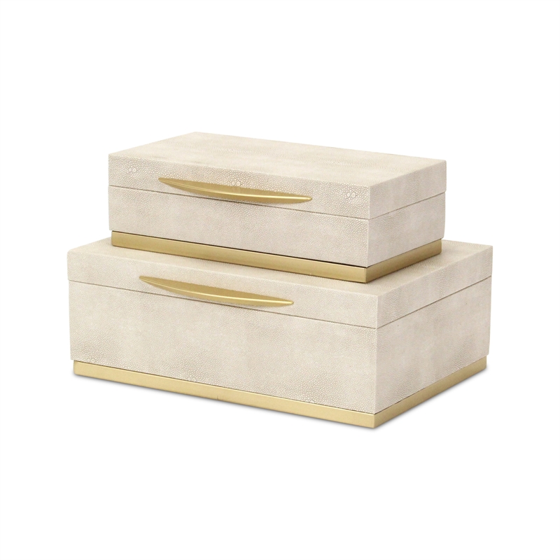 Pemberly Row Rectangular Gold Accented Box Set of 2 in Cream Faux Shagreen