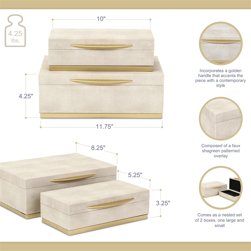 Pemberly Row Rectangular Gold Accented Box Set of 2 in Cream Faux Shagreen