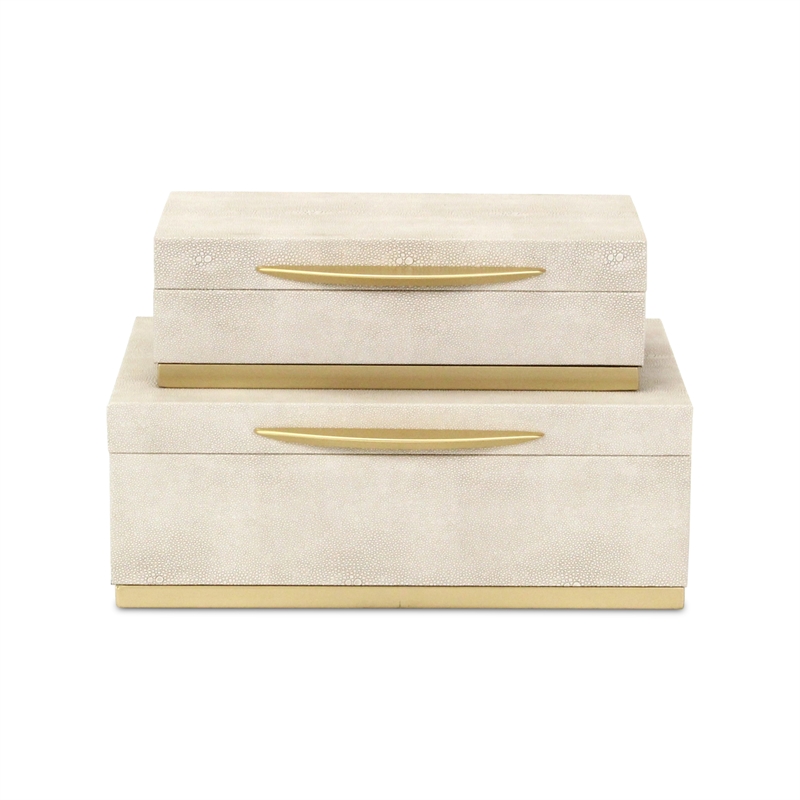 Pemberly Row Rectangular Gold Accented Box Set of 2 in Cream Faux Shagreen